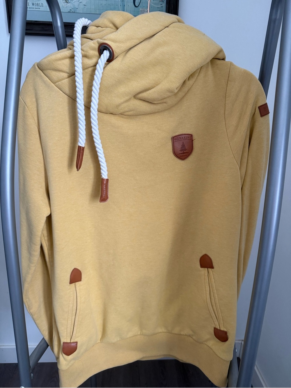 Wanakome Mustard Yellow Pullover Hoodie with Leather Trim